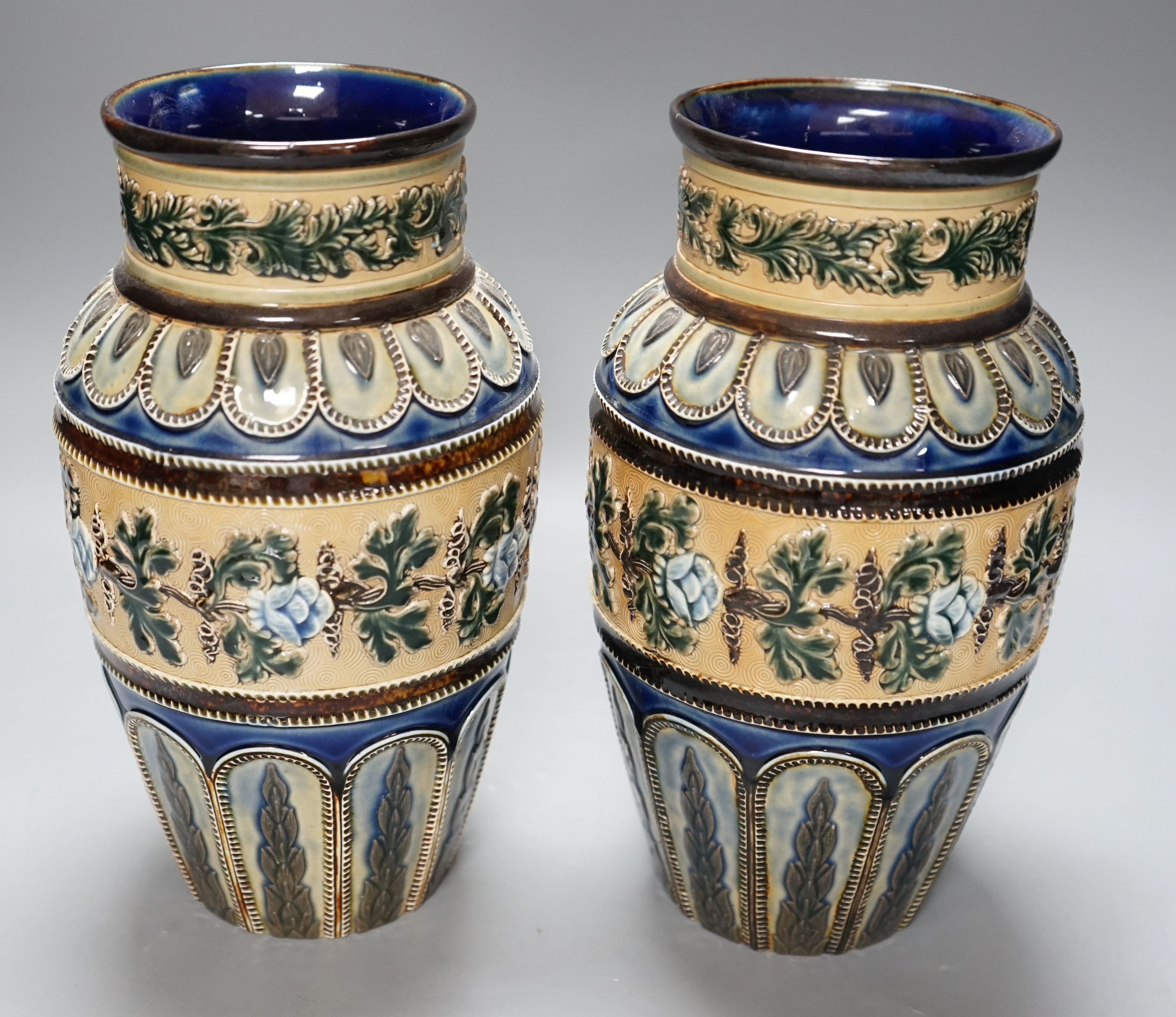 A pair of Doulton Lambeth vases, c.1885, 25.5cms high